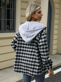 Plaid Button Up Long Sleeve Drawstring Hooded Jacket - Trendsi - Flyclothing LLC