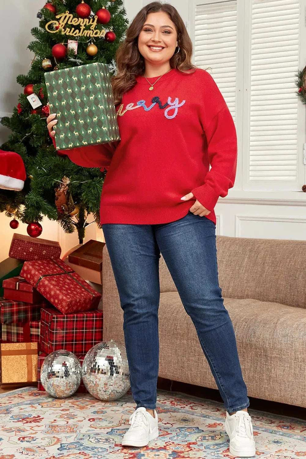 Plus Size MERRY Round Neck Long Sleeve Sweater - Trendsi - Flyclothing LLC