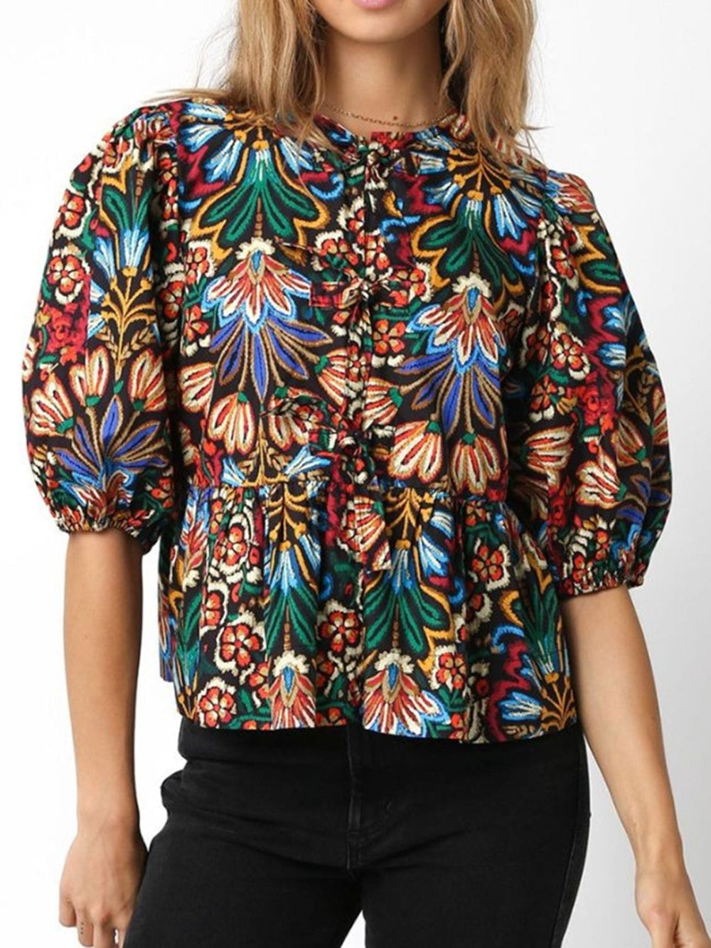 Tropical Print Puff Sleeve Knot Front Blouse - Trendsi