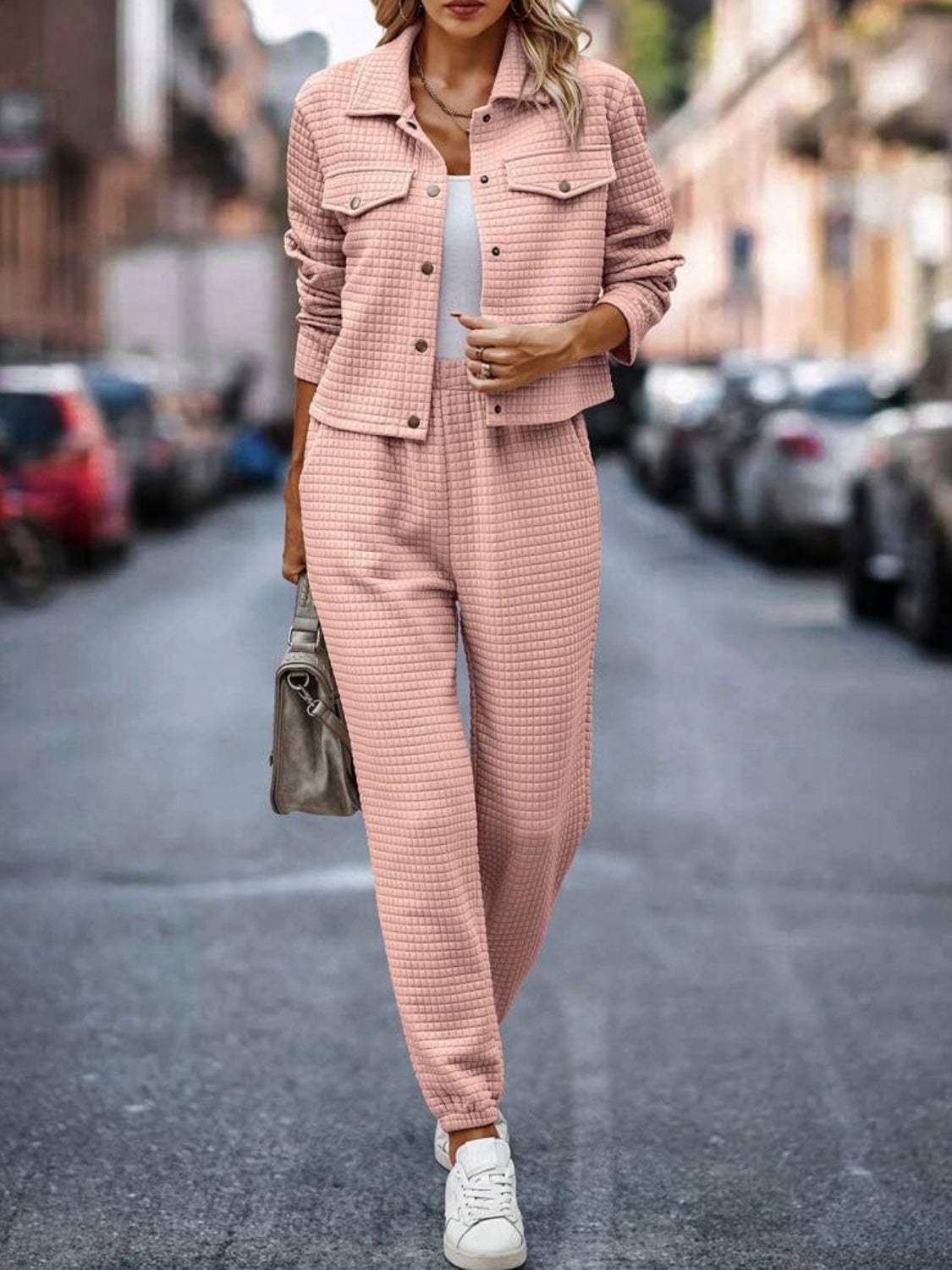 Plaid Texture Snap Down Top and Pants Set - Trendsi - Flyclothing LLC