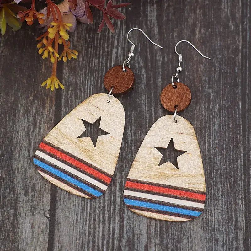 Cutout Star & Stripes Wooden Dangle Earrings - Trendsi - Flyclothing LLC