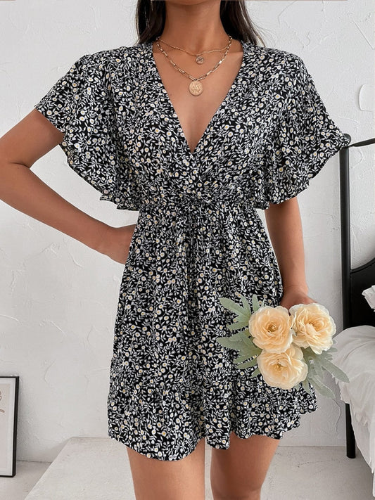 Cutout Ditsy Floral Surplice Flounce Sleeve Dress - Trendsi