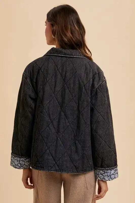 Annie Wear Quilted Printed Lining Snap Down Denim Jacket - Trendsi - Flyclothing LLC
