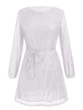 Sequin Tie Waist Long Sleeve Mini Dress - Trendsi - Flyclothing LLC