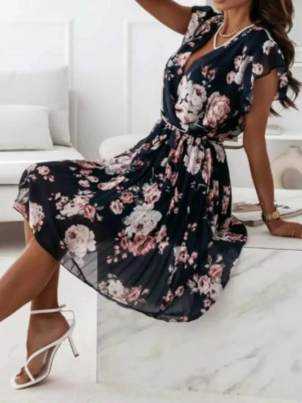 Floral Surplice Ruffled Cap Sleeve Dress - Trendsi - Flyclothing LLC
