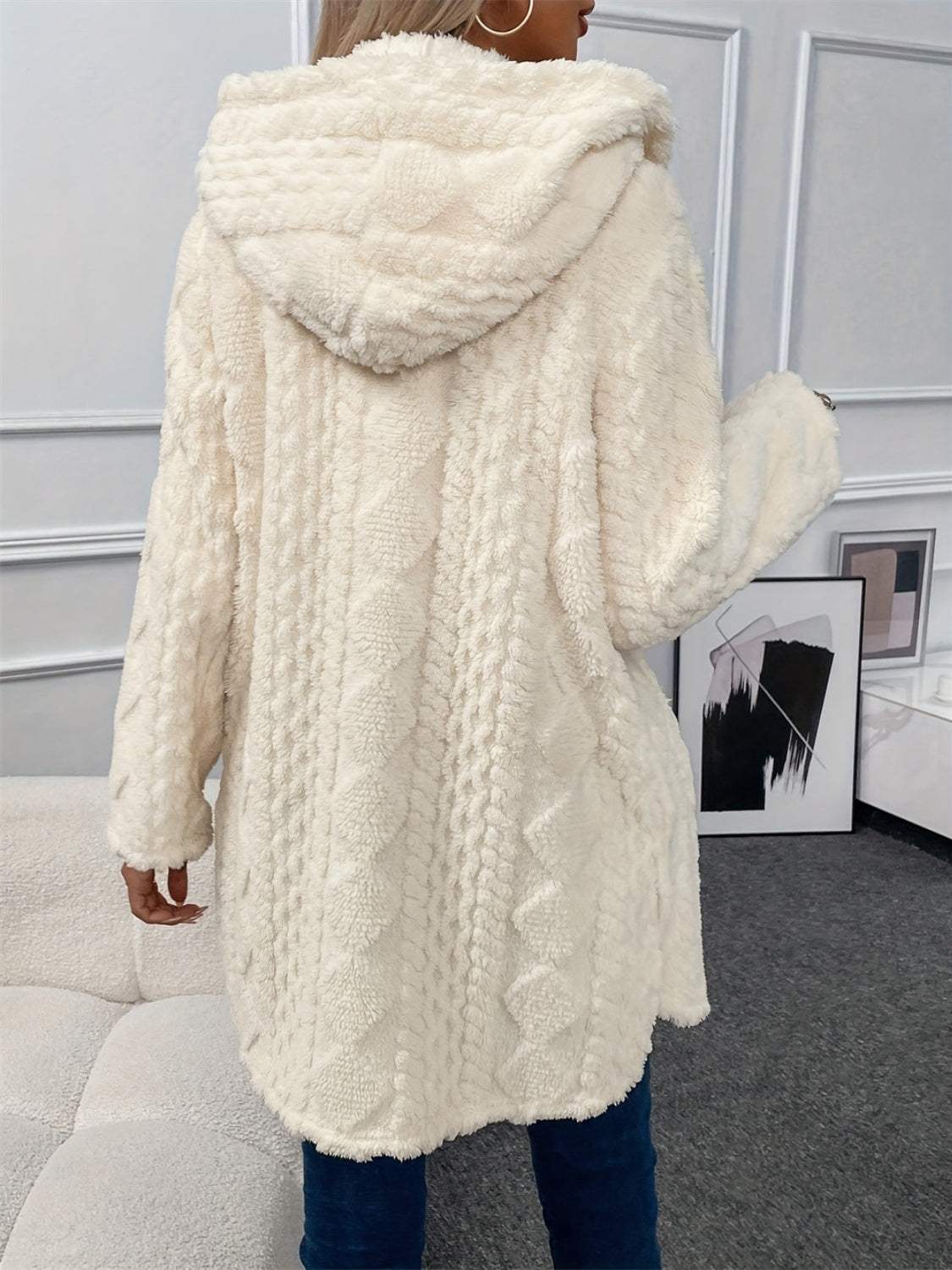 Fuzzy Button Down Hooded Coat - Trendsi - Flyclothing LLC
