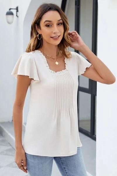 Frill Square Neck Flutter Sleeve Blouse - Trendsi