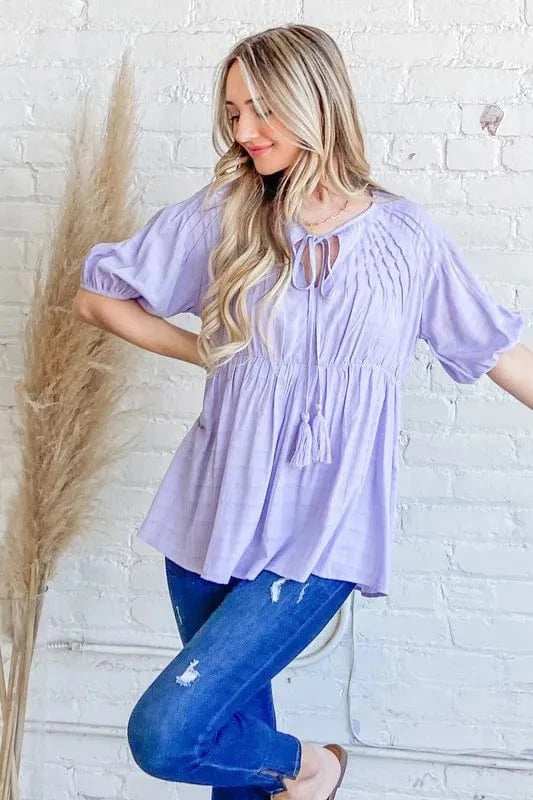 And The Why Textured Pintuck Blouse Top with Tassels - Trendsi - Flyclothing LLC