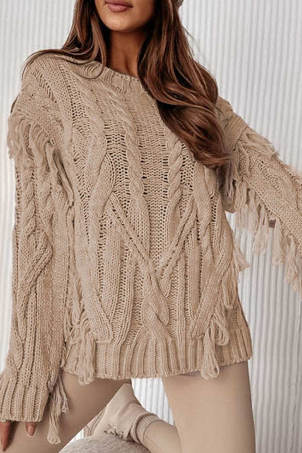Cable Knit Fringe Round Neck Long Sleeve Sweater - Trendsi - Flyclothing LLC