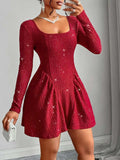 Backless Glitter Square Neck Long Sleeve Mini Dress - Trendsi - Flyclothing LLC