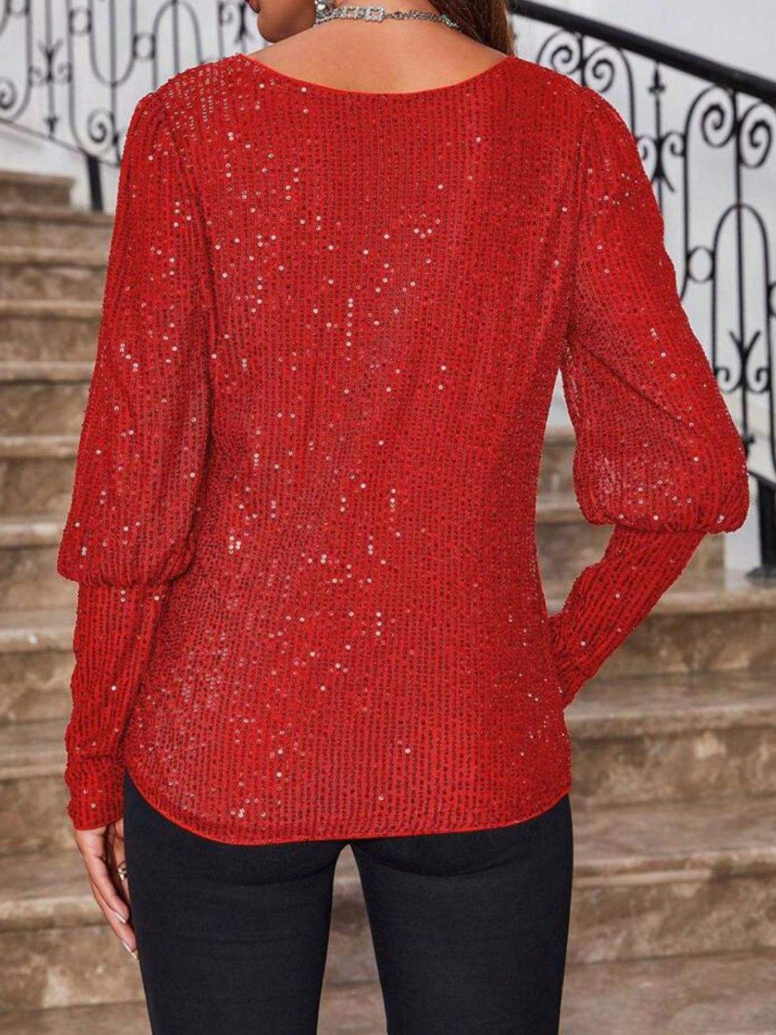 Sequin Boat Neck Long Sleeve Top - Trendsi - Flyclothing LLC