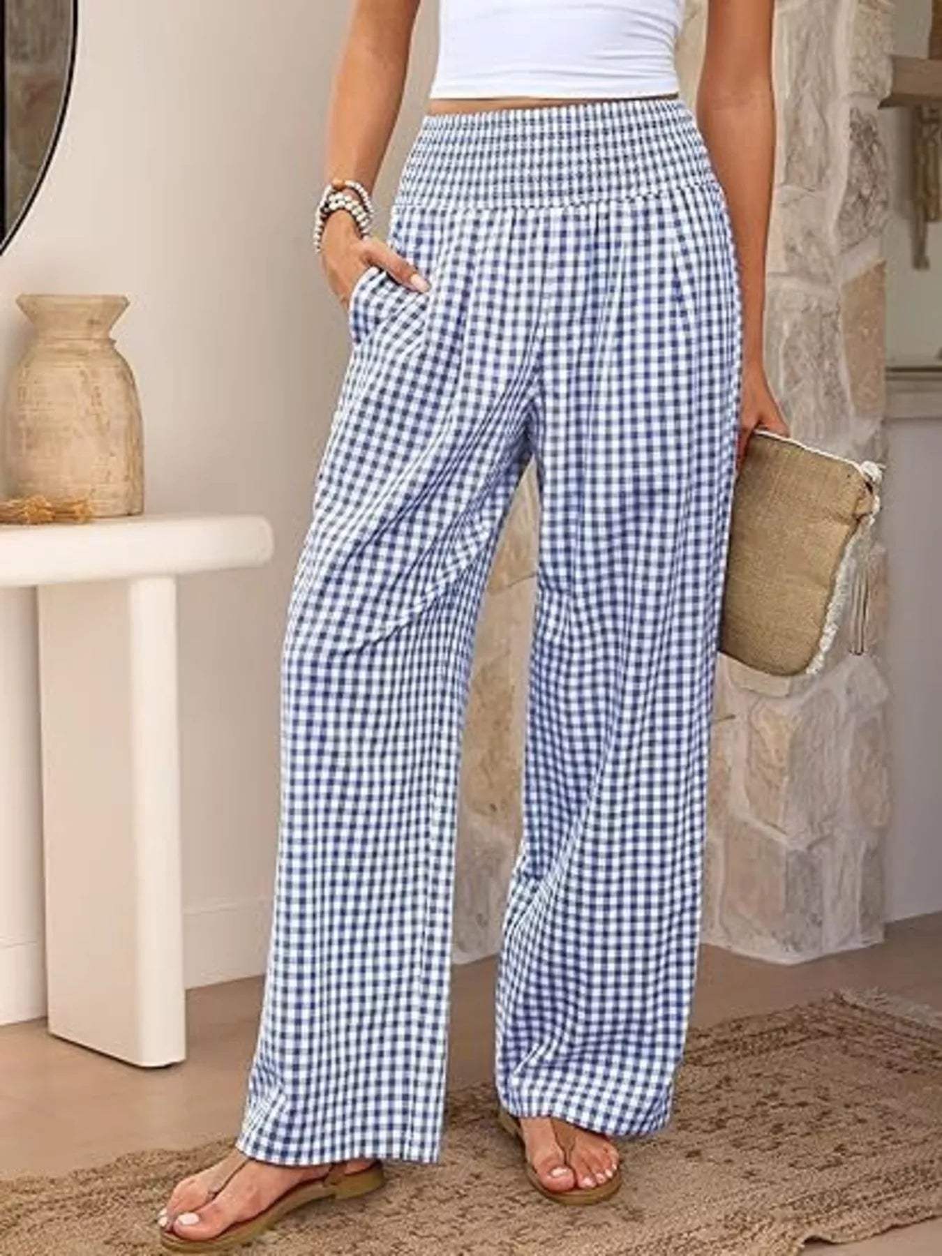 Gingham Wide-Leg Pants - Trendsi - Flyclothing LLC
