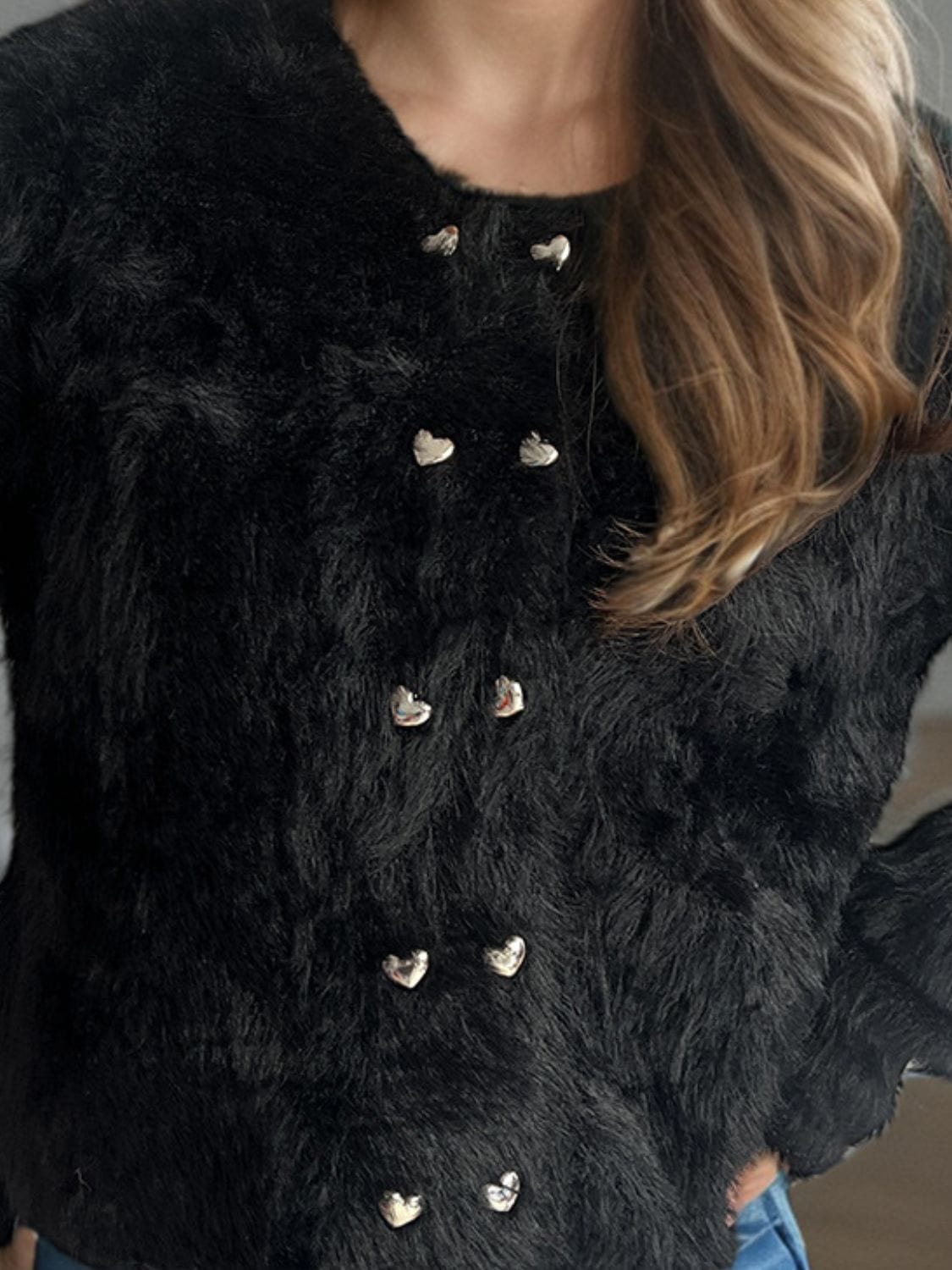 Heart Button Round Neck Cardigan - Trendsi