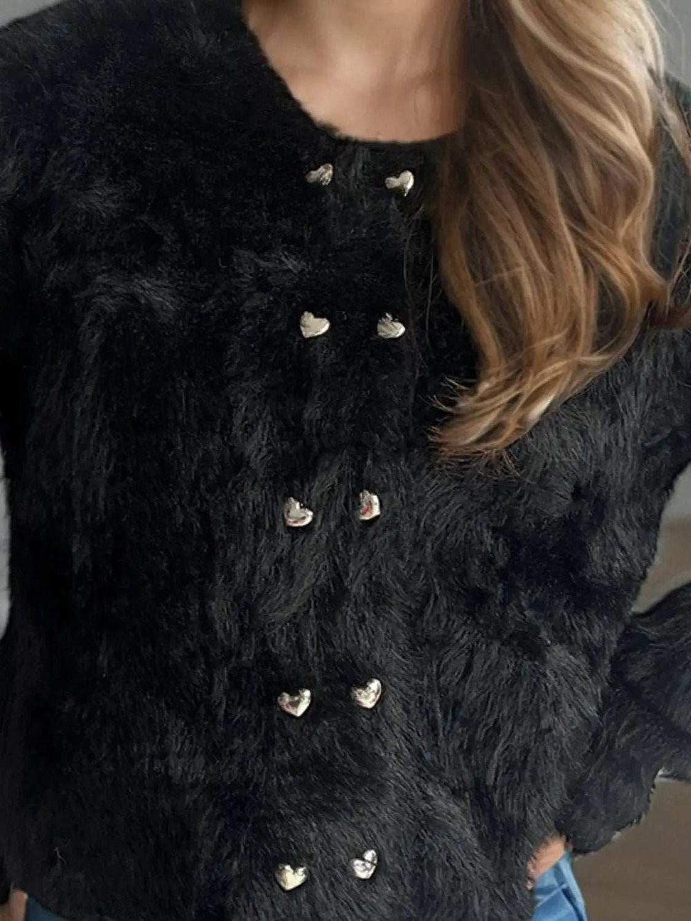 Heart Button Round Neck Cardigan - Trendsi - Flyclothing LLC