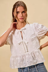 SO ME Cotton Eyelet Front Tie Short Sleeves Blouse - Trendsi - Flyclothing LLC