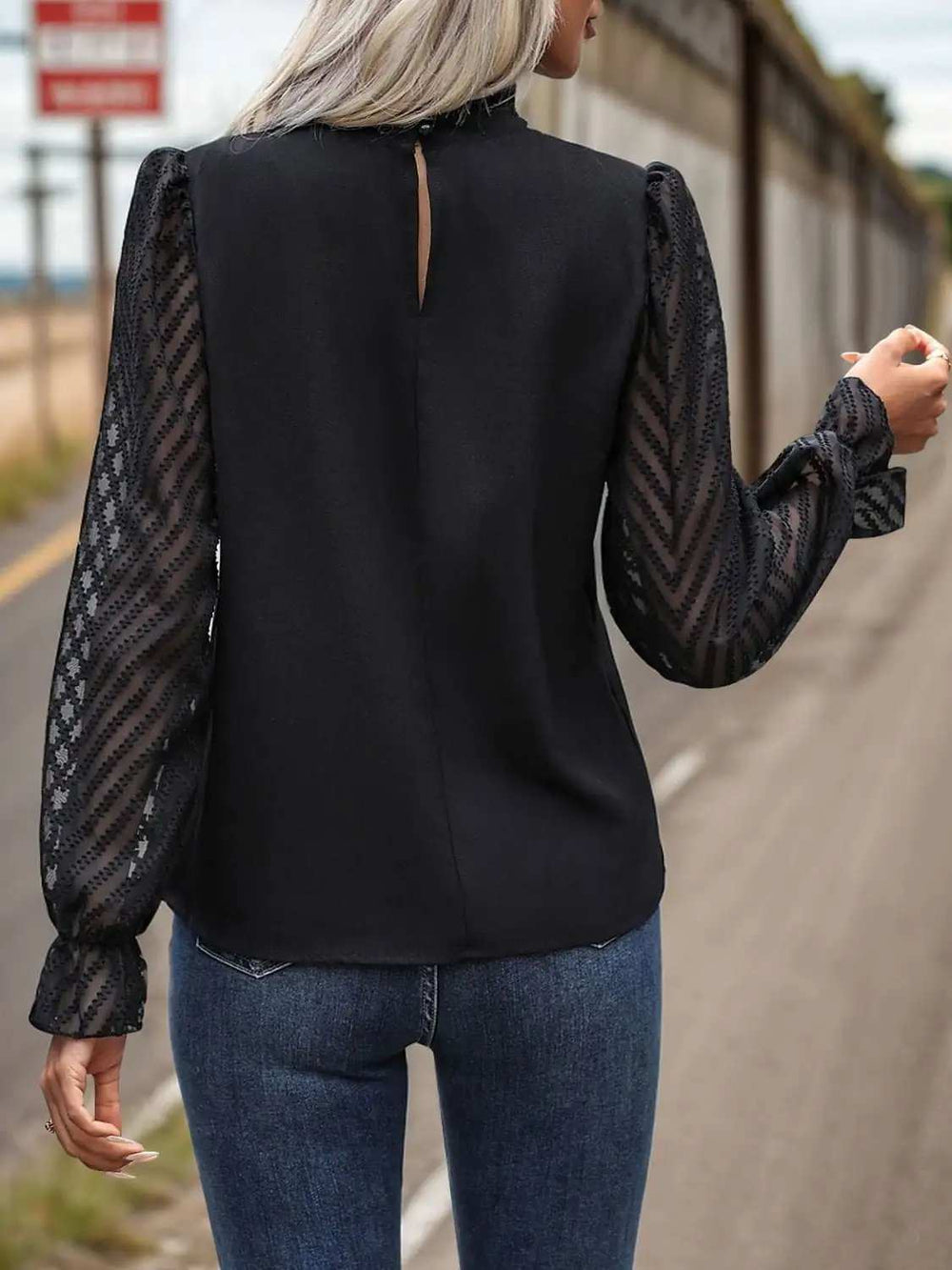 Mock Neck Flounce Sleeve Blouse - Trendsi - Flyclothing LLC