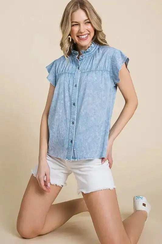 Lime 'N' Chili Mineral Wash Flutter Sleeve Button Down Shirt - Trendsi - Flyclothing LLC