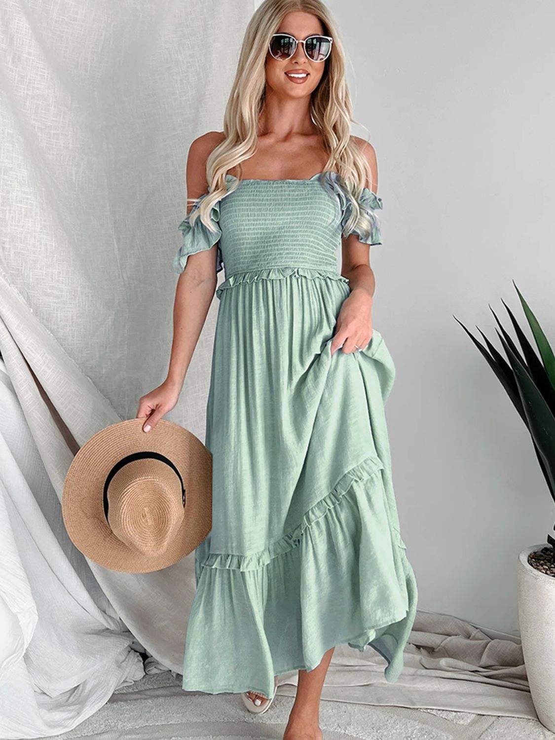 Frill Smocked Off-Shoulder Ruffle Sleeve Dress - Trendsi - Flyclothing LLC