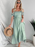 Frill Smocked Off-Shoulder Ruffle Sleeve Dress - Trendsi