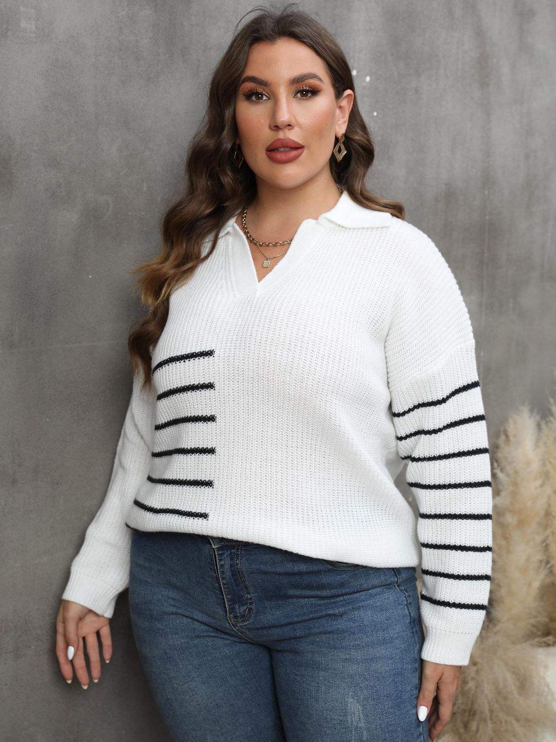 Plus Size Striped V-Neck Sweater - Trendsi - Flyclothing LLC