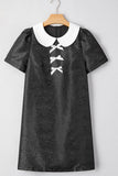 Floral Embossed Puff Sleeve Colorblock Bow Collared Mini Dress - Trendsi