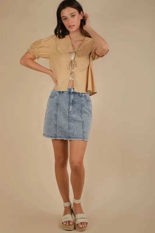 VERY J Bow Printed Casual Denim Mini Skirt - Trendsi - Flyclothing LLC