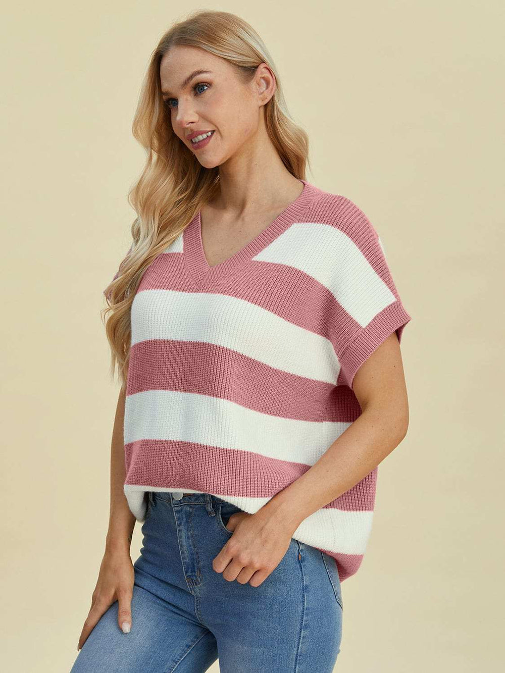 Double Take Full Size Striped V-Neck Short Sleeve Sweater - Trendsi - Flyclothing LLC