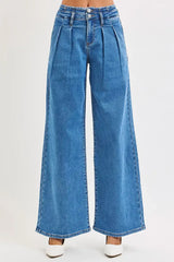 RISEN Full Size Mid Rise Fit Wide Leg with Pleated Detail Jeans Plus Size - Trendsi - Flyclothing LLC