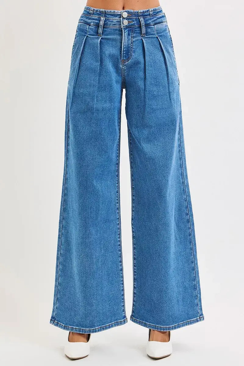RISEN Full Size Mid Rise Fit Wide Leg with Pleated Detail Jeans Plus Size - Trendsi - Flyclothing LLC