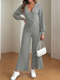 V-Neck Long Sleeve Wide Leg Jumpsuit - Trendsi