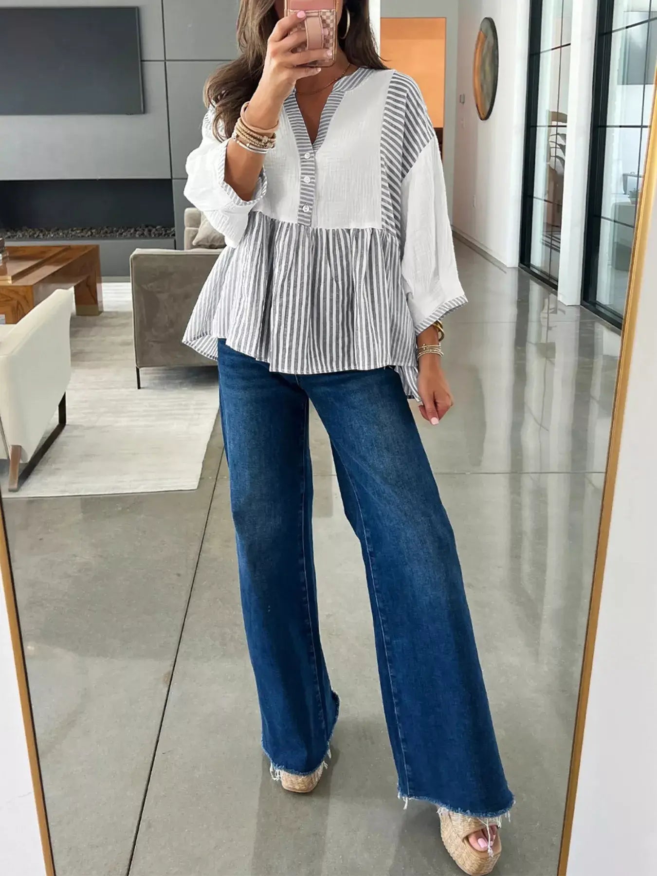 Striped Button Detail Blouse - Trendsi - Flyclothing LLC