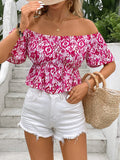 Peplum Printed Off-Shoulder Short Sleeve Blouse - Trendsi
