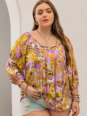 Plus Size Printed Tie Neck Blouse - Trendsi