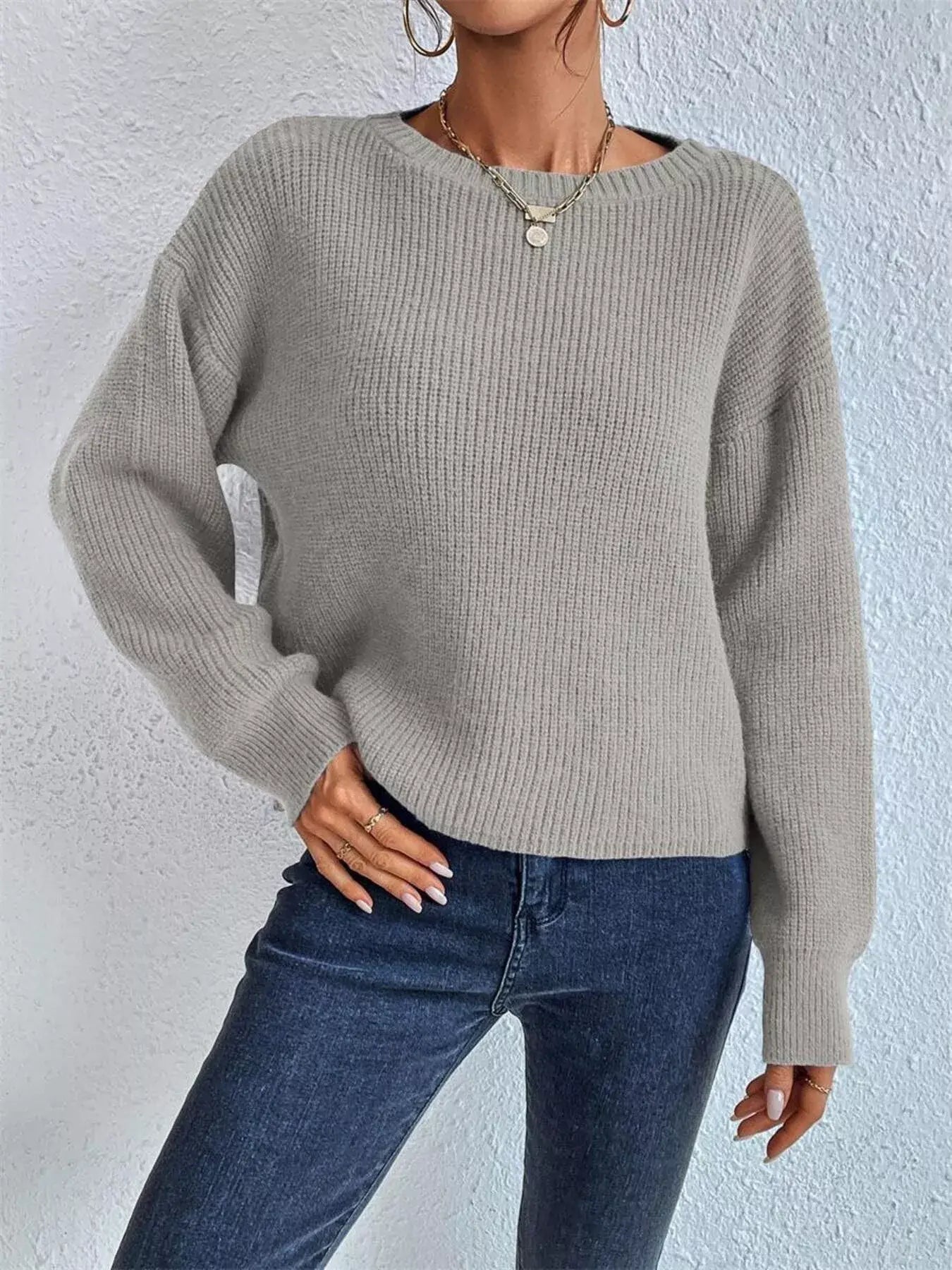 Ribbed Knit Dropped Shoulder Sweater - Trendsi - Flyclothing LLC