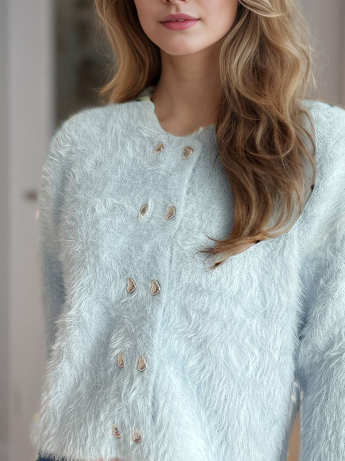 Heart Button Round Neck Cardigan - Trendsi