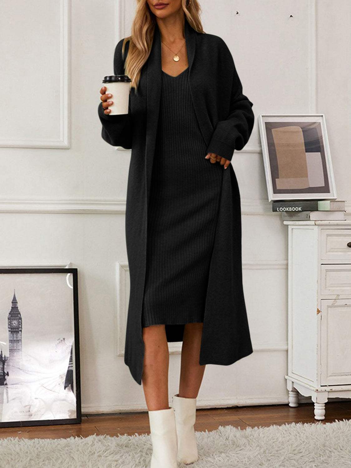V-Neck Cami Dress and Open Front Cardigan Sweater Set - Trendsi - Flyclothing LLC