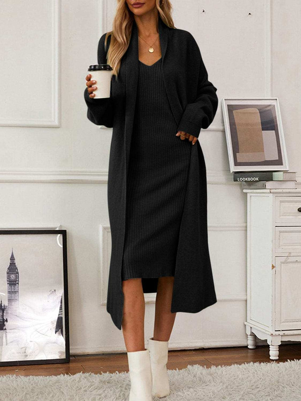 V-Neck Cami Dress and Open Front Cardigan Sweater Set - Trendsi - Flyclothing LLC