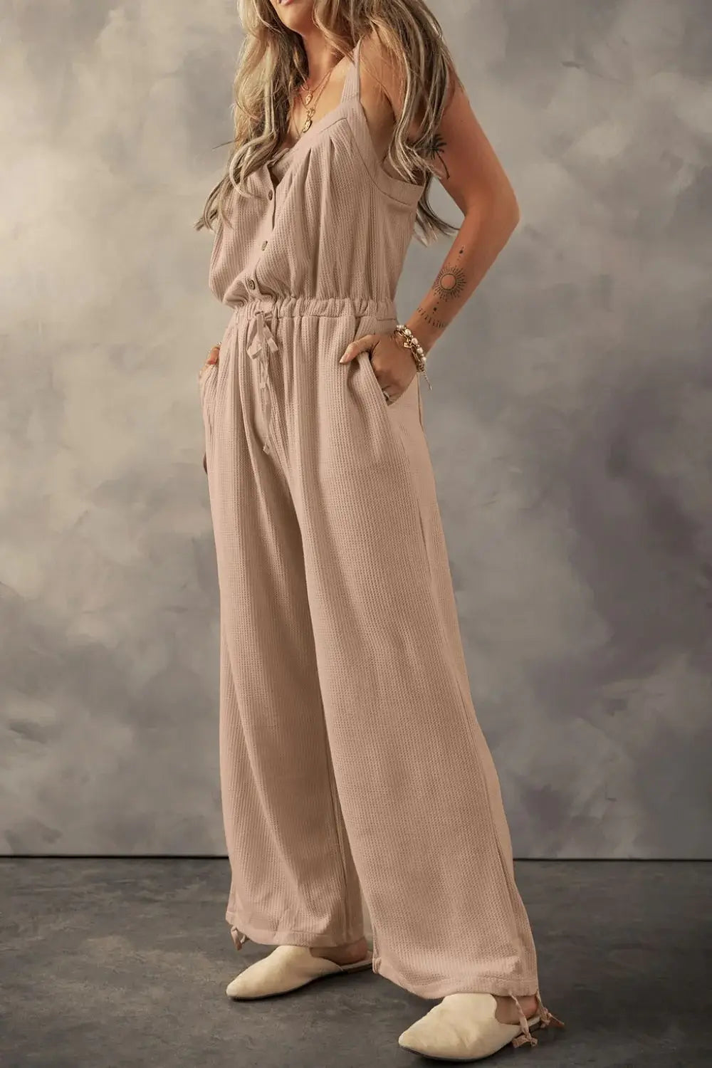 Knotted Straps Button Textured Drawstring Jumpsuit - Trendsi - Flyclothing LLC