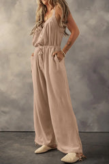 Knotted Straps Button Textured Drawstring Jumpsuit - Trendsi - Flyclothing LLC