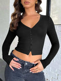 Buttoned V-Neck Long Sleeve T-Shirt - Trendsi - Flyclothing LLC