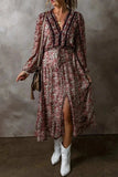 Frill Printed V-Neck Long Sleeve Midi Dress - Trendsi - Flyclothing LLC