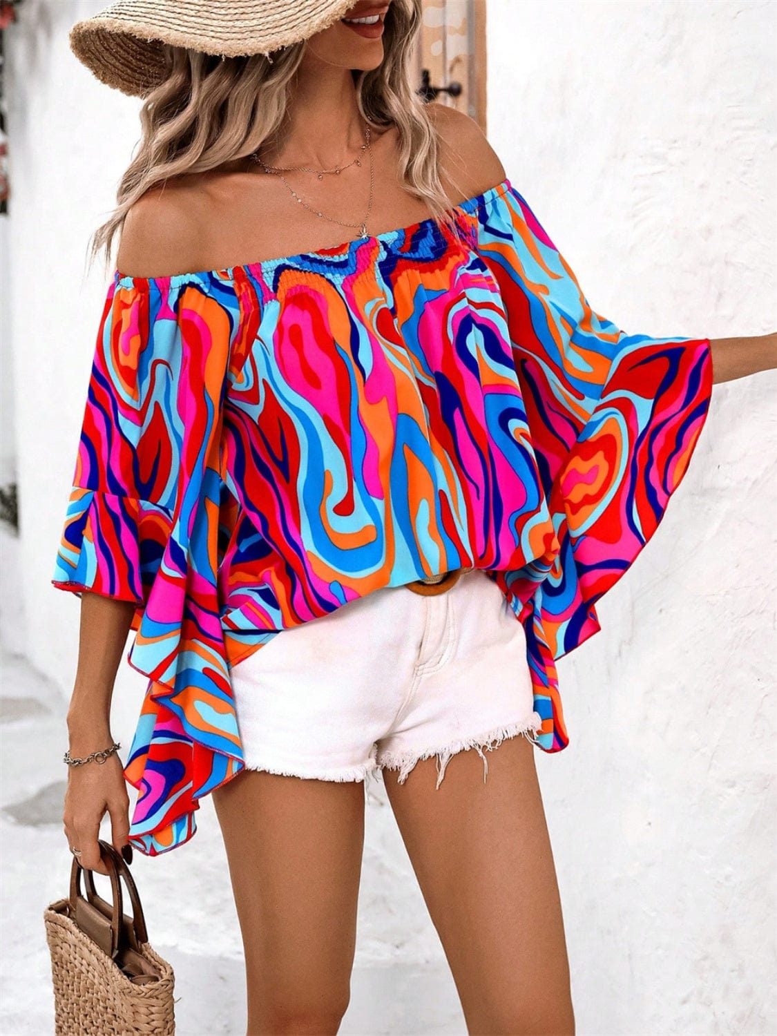 Printed Off-Shoulder Blouse - Trendsi