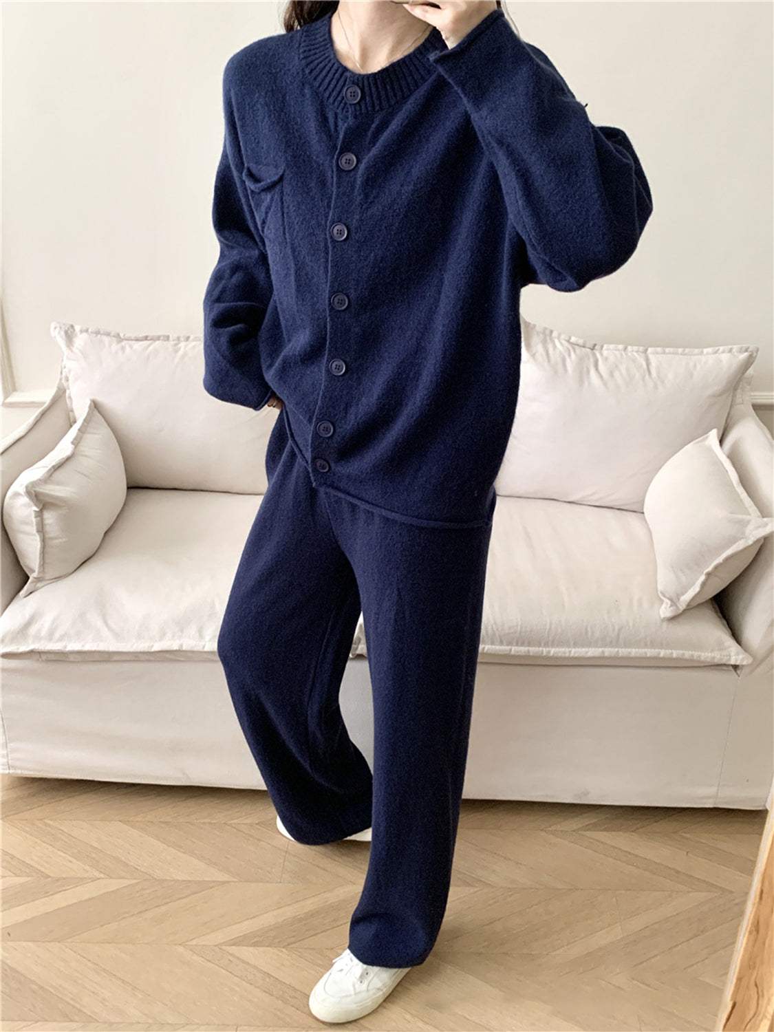 Pocketed Round Neck Button Up Cardigan and Pants Sweater Set - Trendsi - Flyclothing LLC
