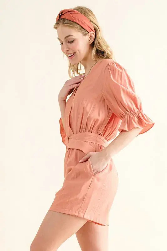 And The Why Flounce Sleeves Romper with Belt - Trendsi - Flyclothing LLC