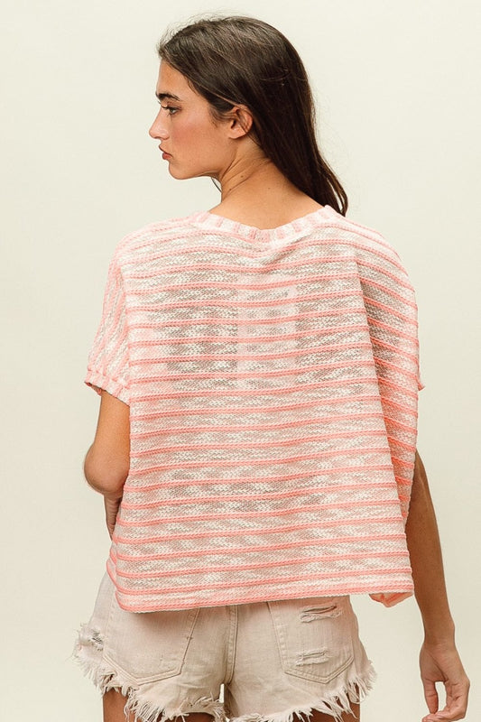 BiBi Braid Striped Short Sleeve Round Neck T-Shirt - Trendsi