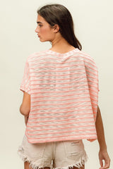 BiBi Braid Striped Short Sleeve Round Neck T-Shirt - Trendsi