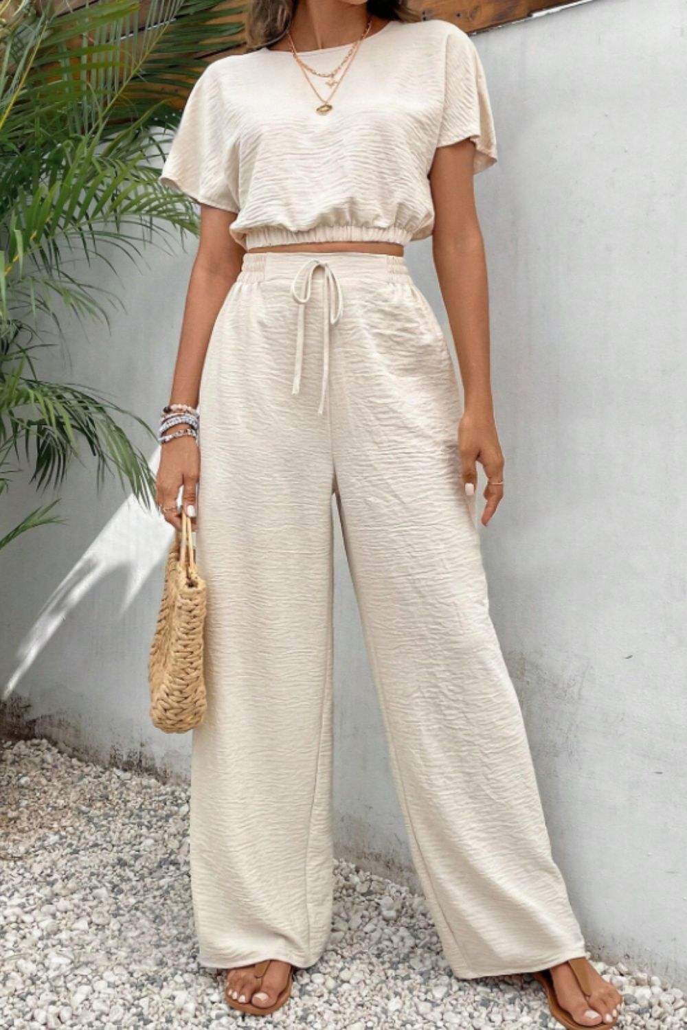 Round Neck Short Sleeve Top and Pants Set - Trendsi - Flyclothing LLC