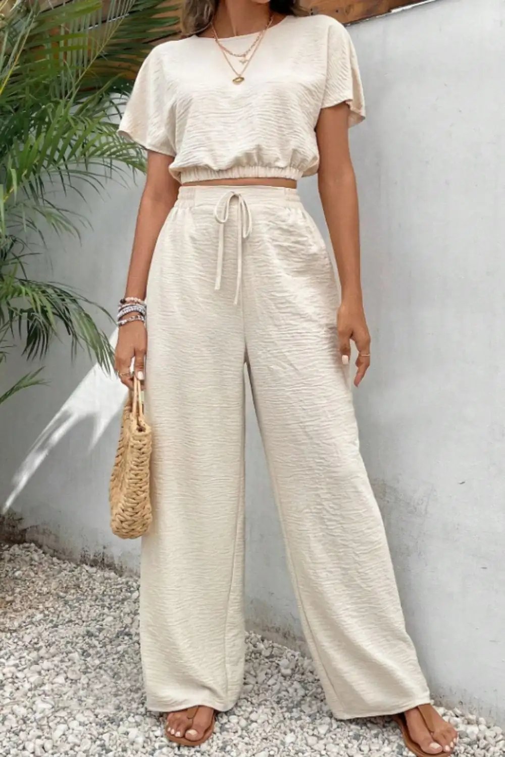 Round Neck Short Sleeve Top and Pants Set - Trendsi