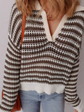 Stripe Eyelet Hollow-out Contrast Collared Pullover Chic Sweater - Trendsi - Flyclothing LLC