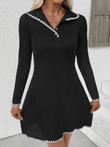 Contrast Trim Texture Long Sleeve Sweater Dress - Trendsi - Flyclothing LLC